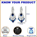 Rhodium-Plated Navy Blue & White American Diamond studded Oval & Leaf Shaped Drop Earrings