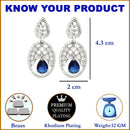 Rhodium-Plated Navy Blue & White American Diamond studded Oval Shaped Drop Earrings