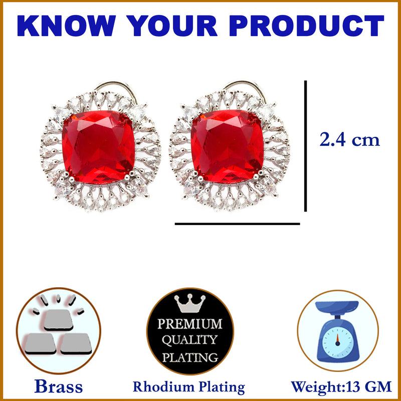 Rhodium-Plated Red & White American Diamond studded Contemporary Round Stud Earrings