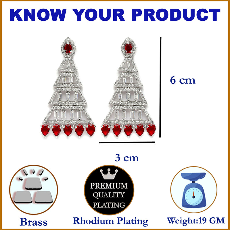Rhodium-Plated Silver Toned Red & White American Diamond studded Triangular Shaped Drop Earrings