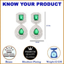Rhodium Plated Square Green American Diamond Contemporary Drop Earrings