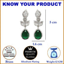 Rhodium-Plated Green American Diamond studded Teardrop & Leaf Shaped Drop Earrings