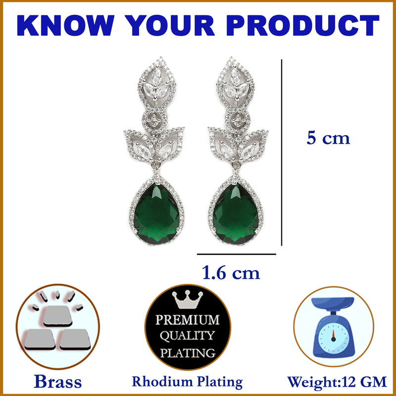 Rhodium-Plated Green American Diamond studded Teardrop & Leaf Shaped Drop Earrings