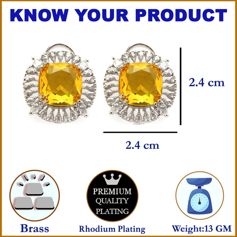 Rhodium-Plated Yellow & White American Diamond studded Contemporary Round Stud Earrings