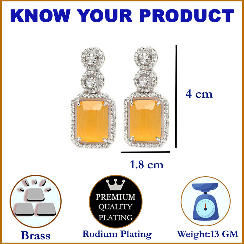 Rhodium-Plated Silver Toned Yellow & White American Diamond studded Geometric Shaped Drop Earrings
