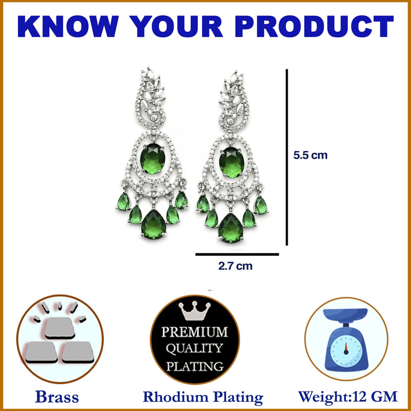 Rhodium-Plated Green & White American Diamond studded Oval & Leaf Shaped Drop Earrings