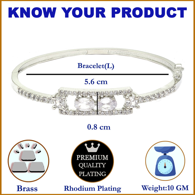 Rhodium-Plated Silver Toned Round Shaped White American Diamond Studded Kada Bracelet