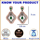 Rose Gold-Plated Gunmetal Toned Green American Diamond studded Layered Drop Earrings