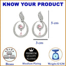 Rhodium-Plated Pink & White American Diamond studded Oval Shaped Drop Earrings