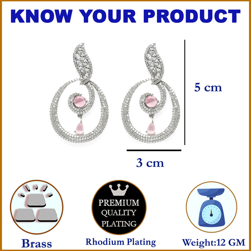 Rhodium-Plated Pink & White American Diamond studded Oval Shaped Drop Earrings