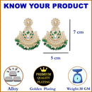 Gold-Plated Green & White Kundan studded Crescent Shaped Chandbali Earrings