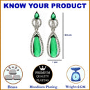 Rhodium Plated Teardrop Green AD Studded Contemporary Drop Earrings