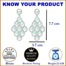 Sea Green American Diamond Rhodium-Plated with Silver-Tone Studded Leaf Shaped Drop Earrings