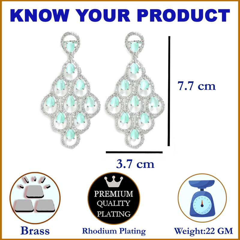 Sea Green American Diamond Rhodium-Plated with Silver-Tone Studded Leaf Shaped Drop Earrings