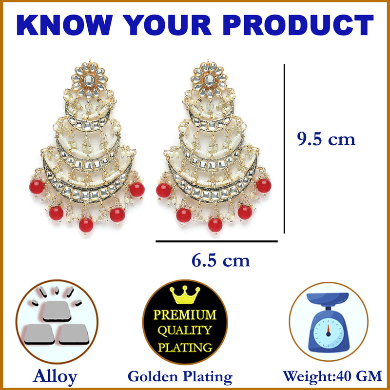 Gold-Plated Red Pearls & Kundan studded Crescent Shaped Vilandi Drop Earrings