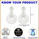 Rhodium Plated Circular Sea Green American Diamond Contemporary Drop Earrings