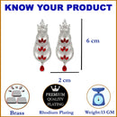 Rhodium-Plated Silver Toned Red & White American Diamond studded Crescent Shaped Drop Earrings