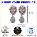 Rhodium-Plated Gunmetal Toned Pink American Diamond Teardrop Shaped Drop Earrings