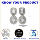 Rhodium-Plated Grey & White American Diamond studded Square & Teardrop Shaped Drop Earrings