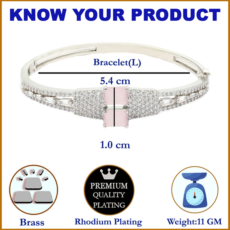 Rhodium-Plated Silver Toned Square Shaped Pink American Diamond Studded Bracelet