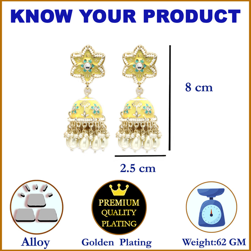 Gold-Plated Yellow & White Kundan-Pearls studded Star Shaped Enamelled Jhumka Earrings