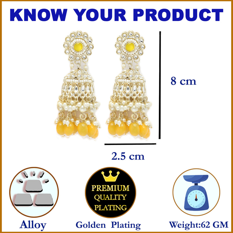 Gold-Plated Yellow Kundan & White Pearls studded Dome Shaped Vilandi Jhumka Earrings