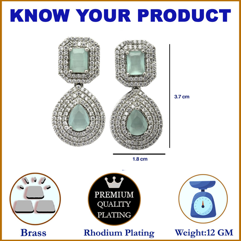 Rhodium-Plated Sea Green & White American Diamond studded Square & Teardrop Shaped Drop Earrings