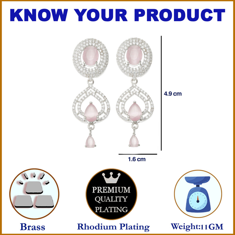 Rhodium-Plated Pink American Diamond studded Handcrafted Oval & Teardrop Shaped Drop Earrings