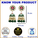 Gold-Plated Green Kundan & White Pearls studded Dome Shaped Handcrafted Jhumka Earrings