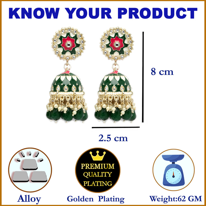 Gold-Plated Green Kundan & White Pearls studded Dome Shaped Handcrafted Jhumka Earrings