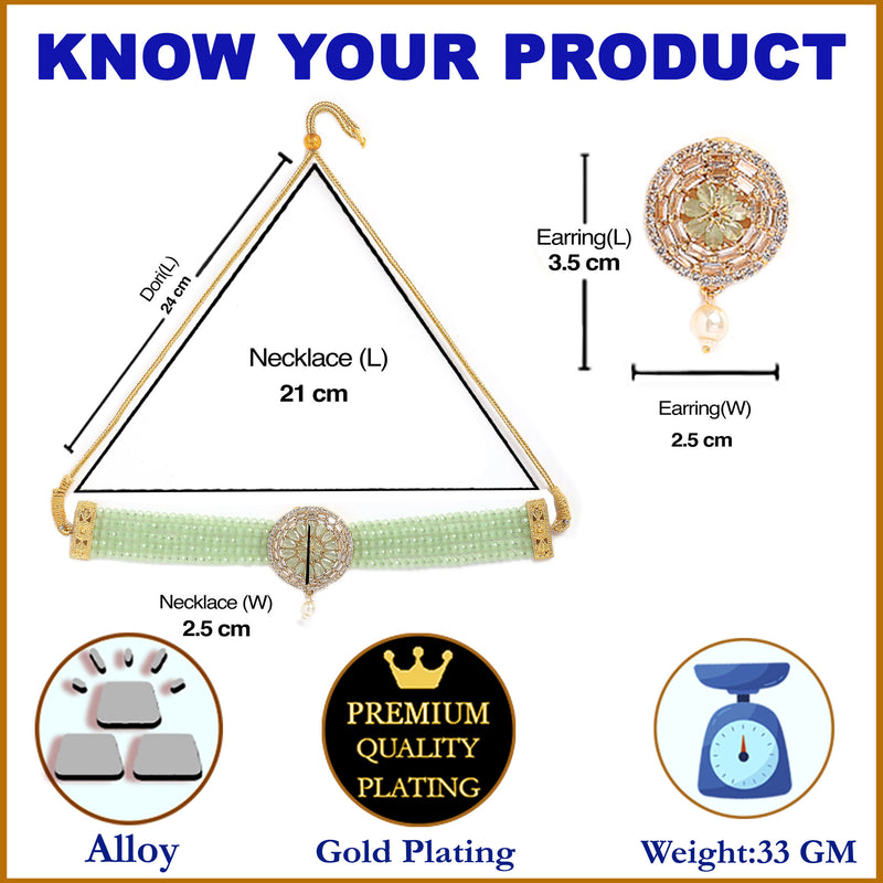 Multistrand Gold-Plated Lime Green & White American Diamond Stone Studded & Beaded Jewellery Set