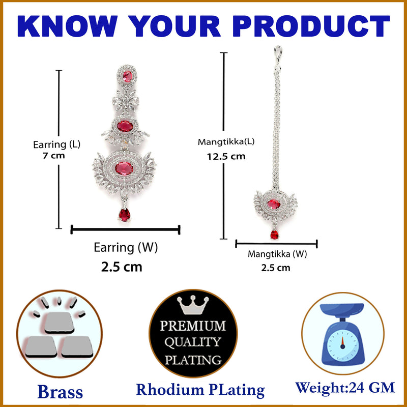Rhodium Plated Silver Toned Red American Diamond Studded Maang Tikka  With Earring