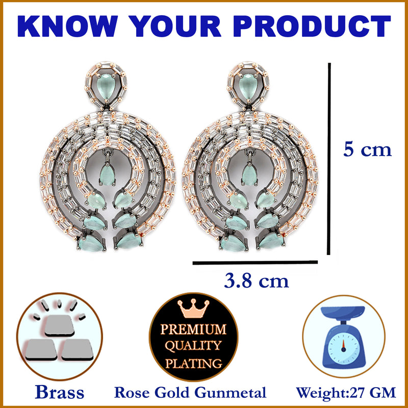 Rose Gold-Plated Gunmetal Toned Sea Green American Diamond Studded Circular Contemporary Drop Earrings