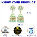 Gold-Plated Sea Green & White Kundan-Pearls studded Crescent Shaped Hand Painted Jhumka Earrings