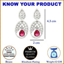 Rhodium-Plated Red & White American Diamond studded Oval Shaped Drop Earrings