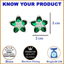 Rhodium-Plated with Silver-Toned Green American Diamond Floral Studs Earrings