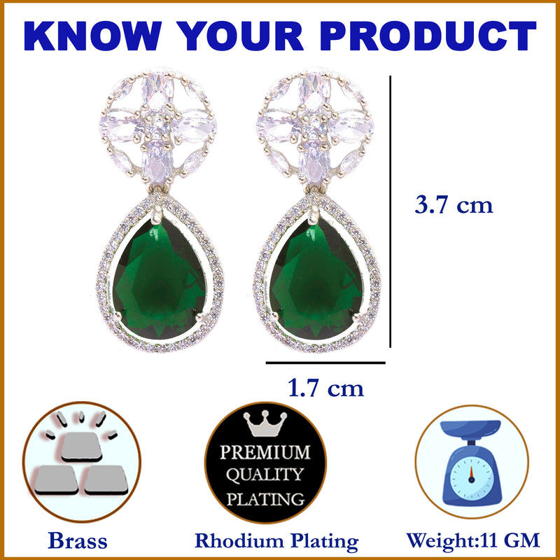 Rhodium-Plated Green & White American Diamond studded Teardrop & Floral Shaped Drop Earrings