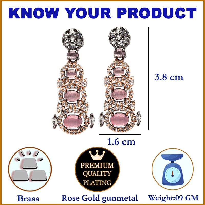 Rose Gold-Plated Gunmetal Toned Pink American Diamond studded Quirky Shaped Drop Earrings