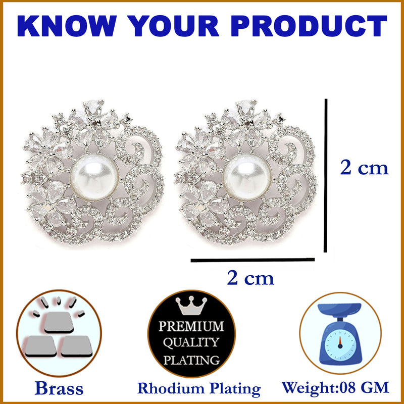 Rhodium-Plated Silver Toned White American Diamond studded Floral Shaped Studs Earrings