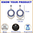 Rhodium-Plated Navy Blue American Diamond studded Circular Shape Dangle Earrings