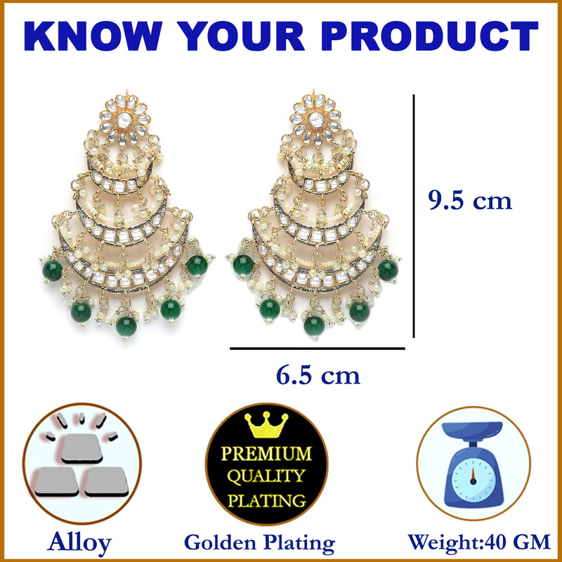 Gold-Plated Green Pearls & Kundan studded Crescent Shaped Vilandi Drop Earrings