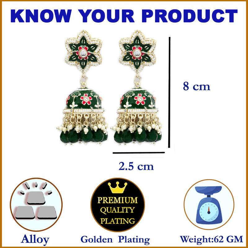 Gold-Plated Green & White Kundan-Pearls studded Star Shaped Enamelled Jhumka Earrings