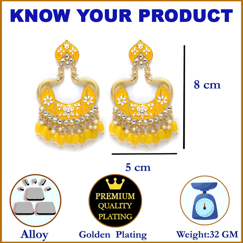 Gold-Plated Yellow Kundan & White Pearls studded Peacock Shaped Handcrafted Drop Earrings