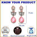 Rose Gold-Plated Gunmetal Toned Pink American Diamond studded Teardrop & Leaf Shaped Drop Earrings
