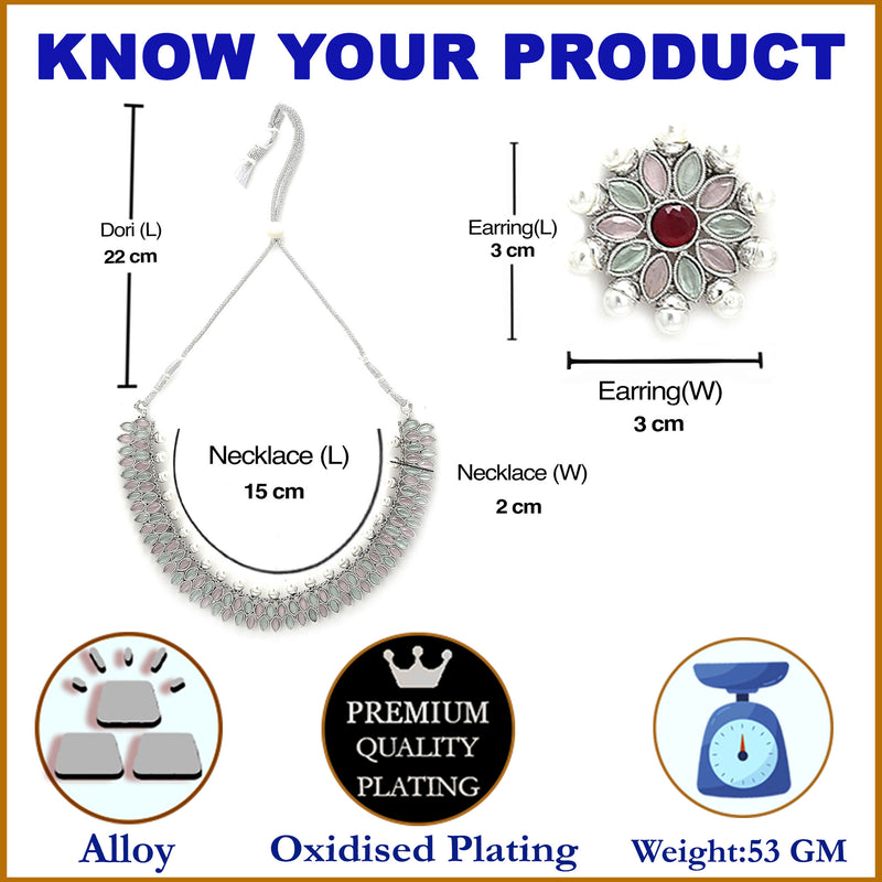 Rhodium-Plated with Silver-Tone Double Layered Kundan-Studded Leaf Shaped Jewellery Set