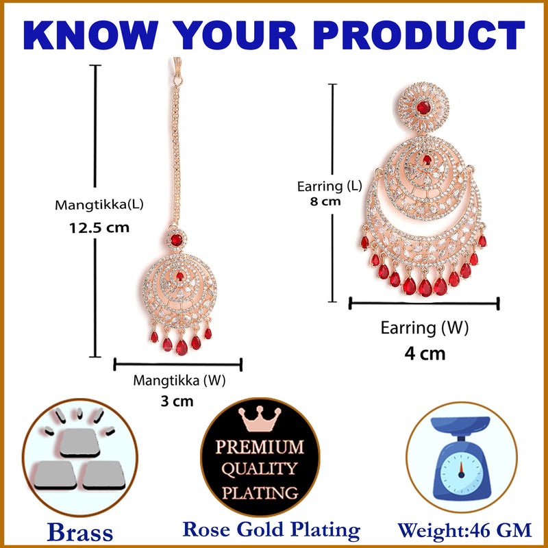 Rose Gold-Plated Round Red American Diamond Studded Chandbali  Maang Tikka & Earrings Set