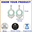 Rhodium-Plated Sea Green American Diamond studded Circular Shape Dangle Earrings