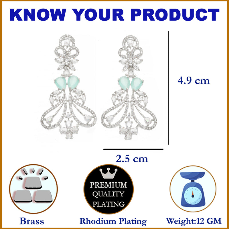 Rhodium-Plated Sea Green & White American Diamond studded Paisley Shaped Drop Earrings