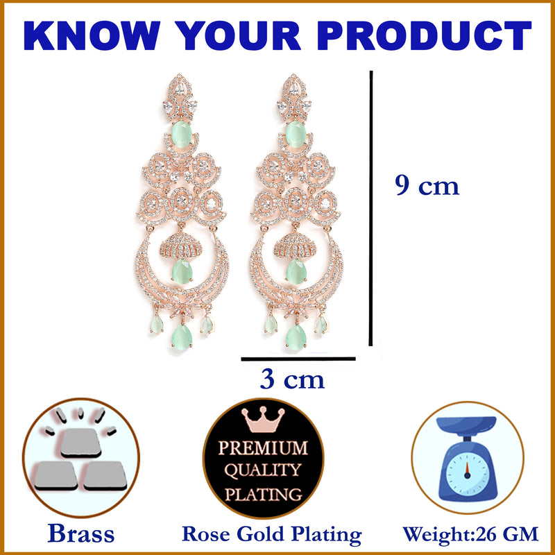 Sea Green American Diamond with Rose Gold-Plated Contemporary Chandbalis Earrings