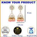 Gold-Plated Pink & White Kundan-Pearls studded Crescent Shaped Hand Painted Jhumka Earrings